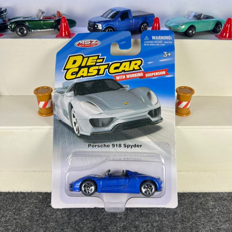 Porsche 918 Spyder blue diecast car with silver wheels, open-top design and working suspension – MSZ
