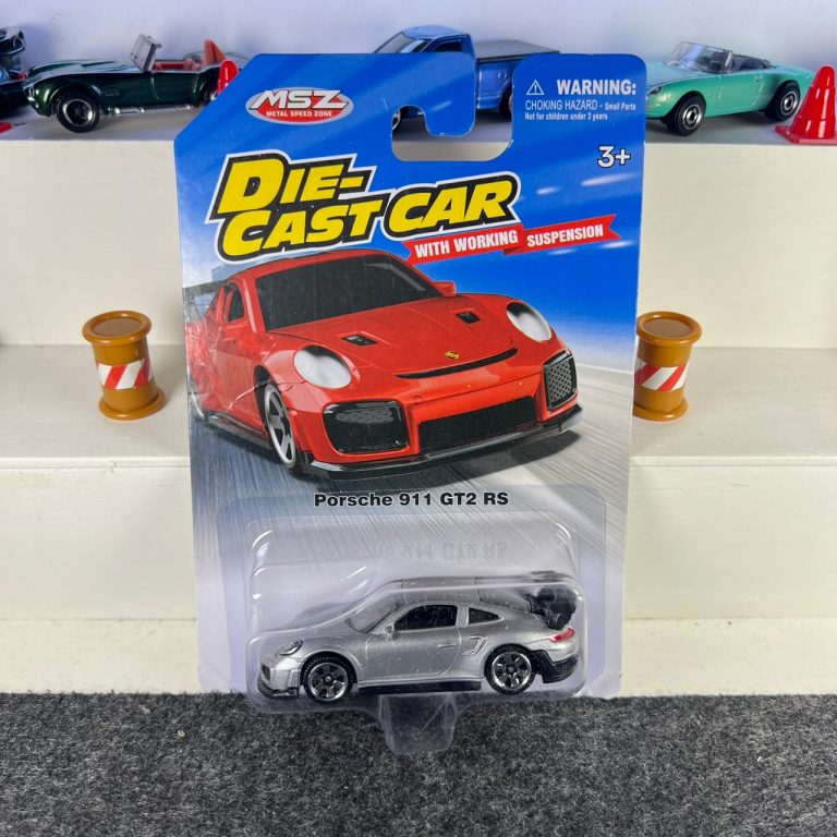 Porsche 911 GT2 RS grey diecast car with dark wheels, large rear wing and working suspension – MSZ