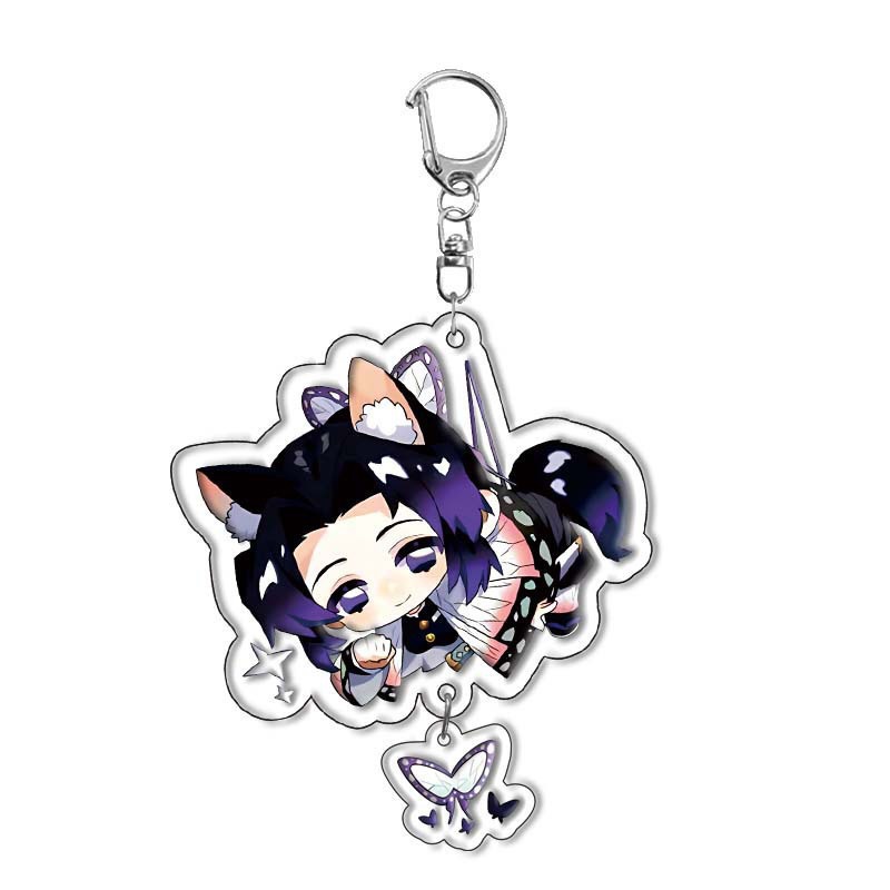 Shinobu Kocho Demon Slayer cat acrylic character charm with butterfly pendant and metal clasp Shinobu Kocho Demon Slayer cat acrylic character charm with butterfly pendant and metal clasp