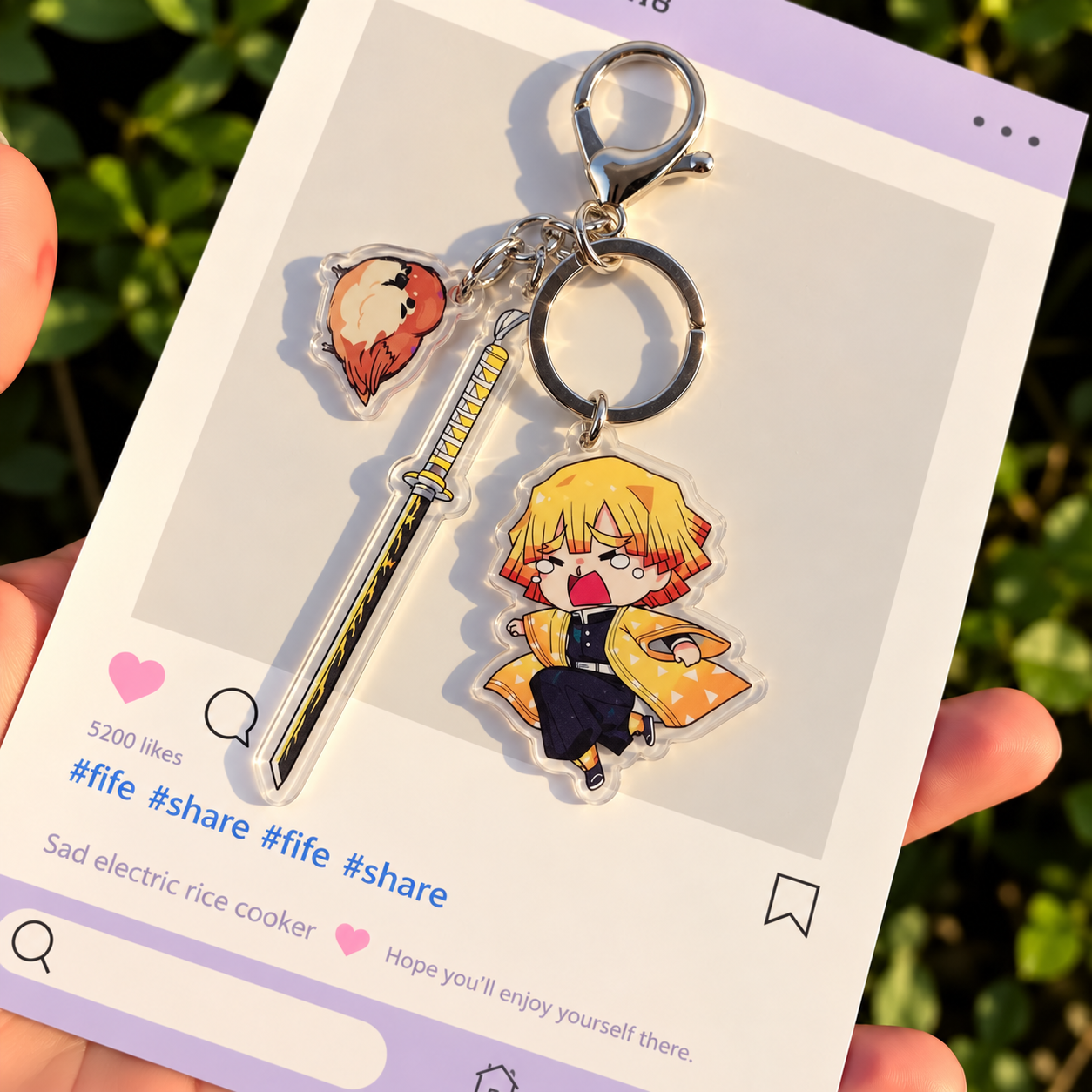 Zenitsu Agatsuma Demon Slayer acrylic keychain with sword charm and sparrow accent Zenitsu Agatsuma Demon Slayer acrylic keychain with sword charm and sparrow accent