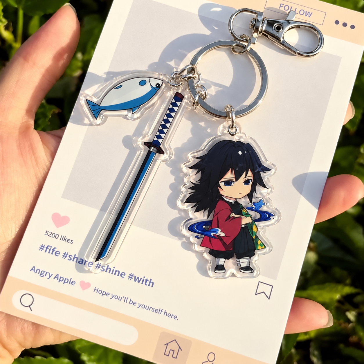Giyu Tomioka Demon Slayer acrylic keychain charm with blue sword and fish accessory