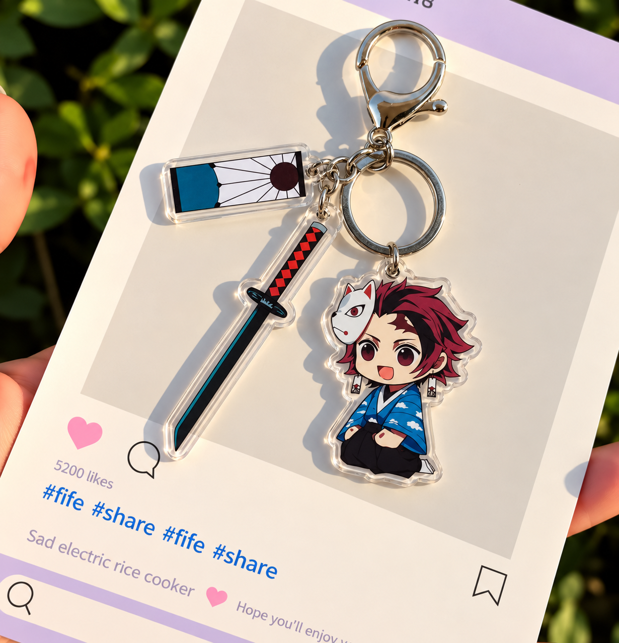 Tanjiro Kamado Demon Slayer acrylic character charm with sword, fox mask detail and decorative tag