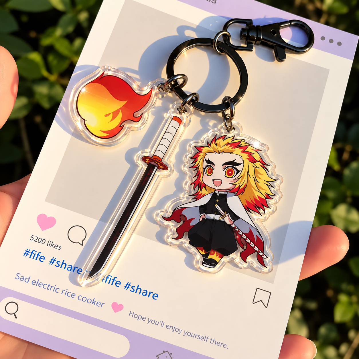 Kyojuro Rengoku Demon Slayer acrylic character charm with sword, flame charm and metal clasp