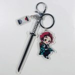 Tanjiro Kamado Demon Slayer acrylic character charm with sword, checkered haori and decorative tag