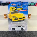 Toyota GR Supra white diecast car with dark wheels and working suspension – MSZ