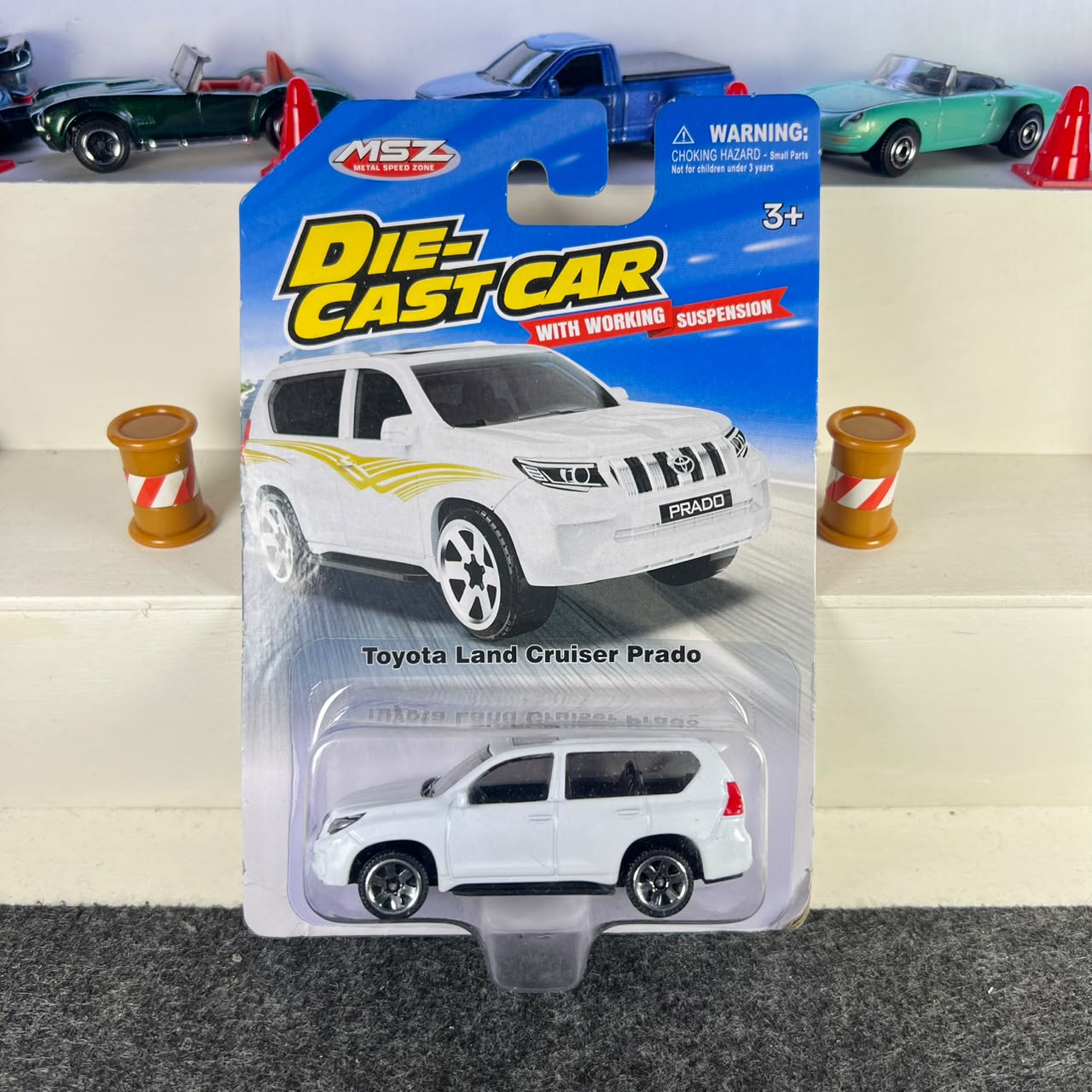 Toyota Land Cruiser Prado white diecast SUV with silver wheels and working suspension – MSZ Toyota Land Cruiser Prado white diecast SUV with silver wheels and working suspension – MSZ
