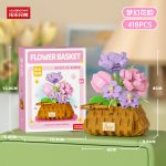 Pink Peony Flower Basket Building Blocks W1801-01 with purple flowers and textured brown basket