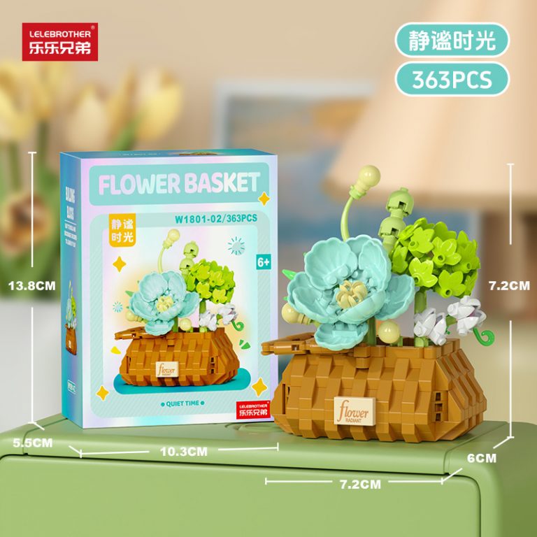 Blue Peony Flower Basket Building Blocks W1801-02 with green hydrangea flowers and brown basket