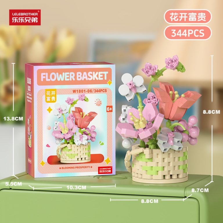 Pink Lily Flower Basket Building Blocks W1801-06 with lavender flowers pink berries and cream woven basket