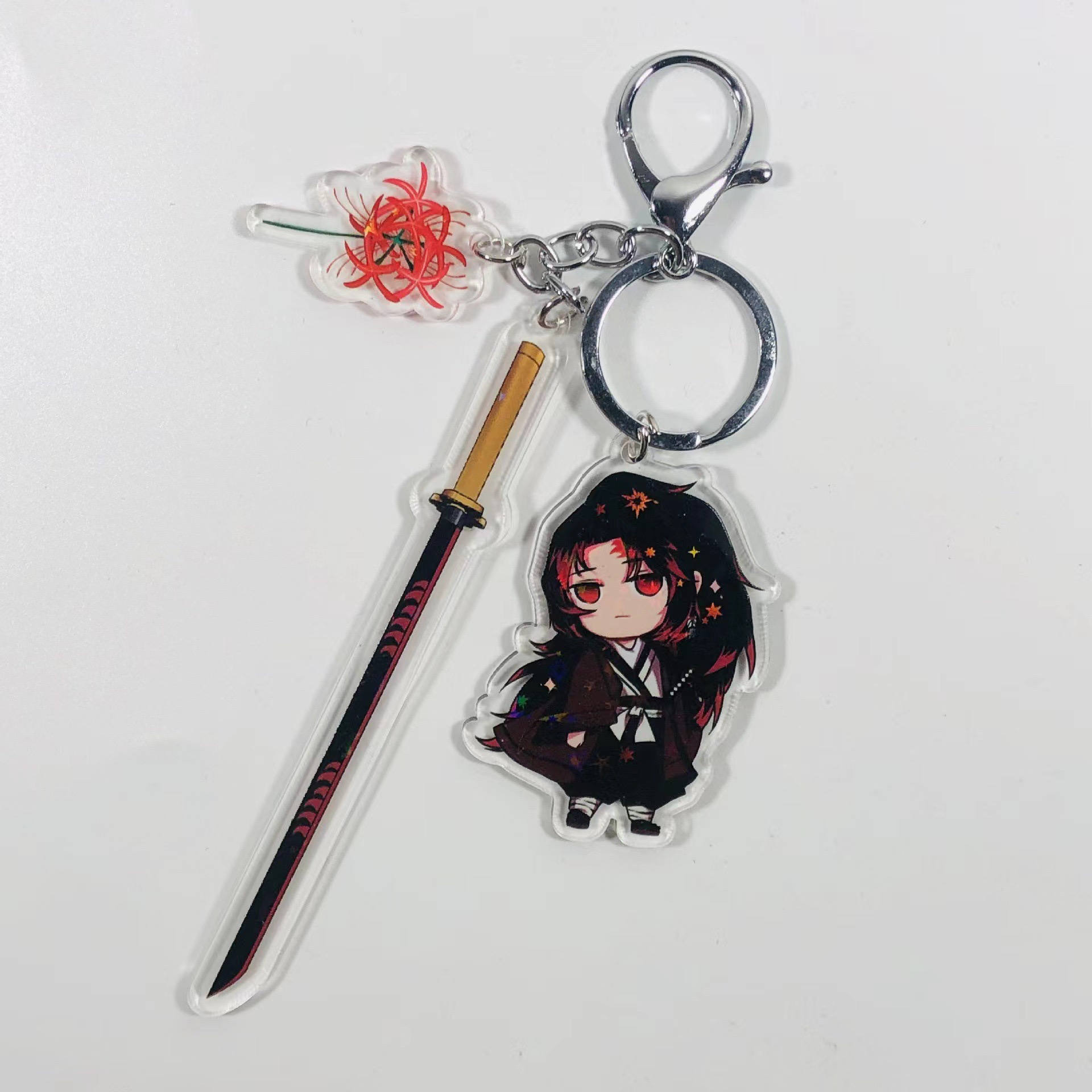 Yoriichi Tsugikuni Demon Slayer acrylic character charm with sword, red flower charm and metal clasp