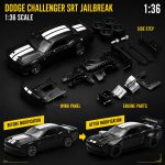 Dodge Challenger SRT Jailbreak black 1:36 diecast car with white racing stripes and modification parts