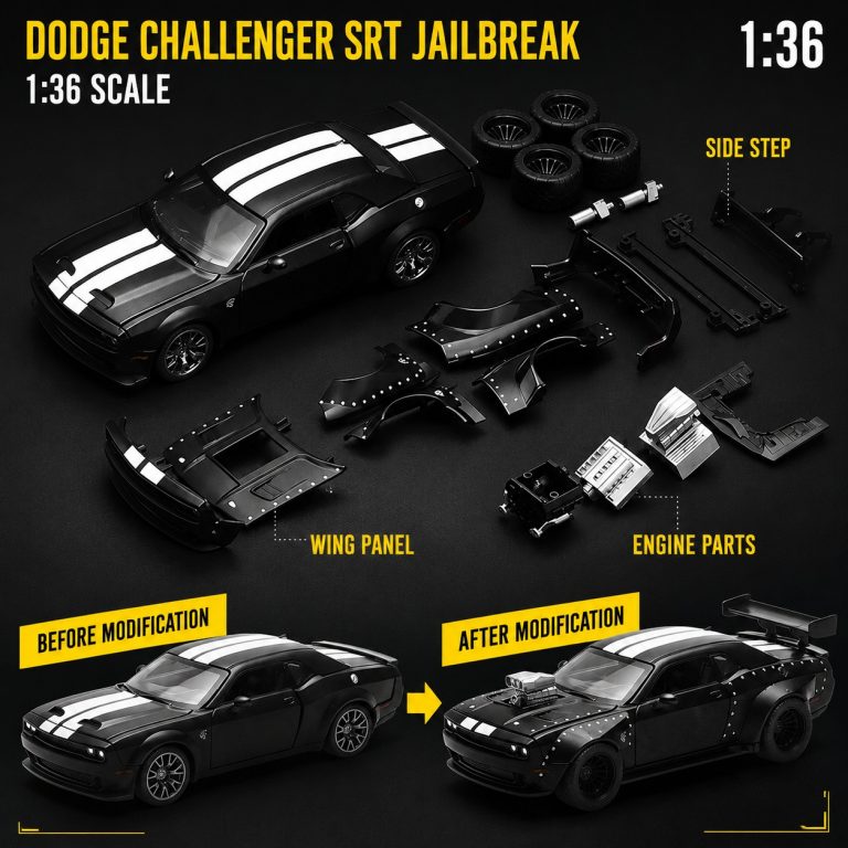 Dodge Challenger SRT Jailbreak black 1:36 diecast car with white racing stripes and modification parts