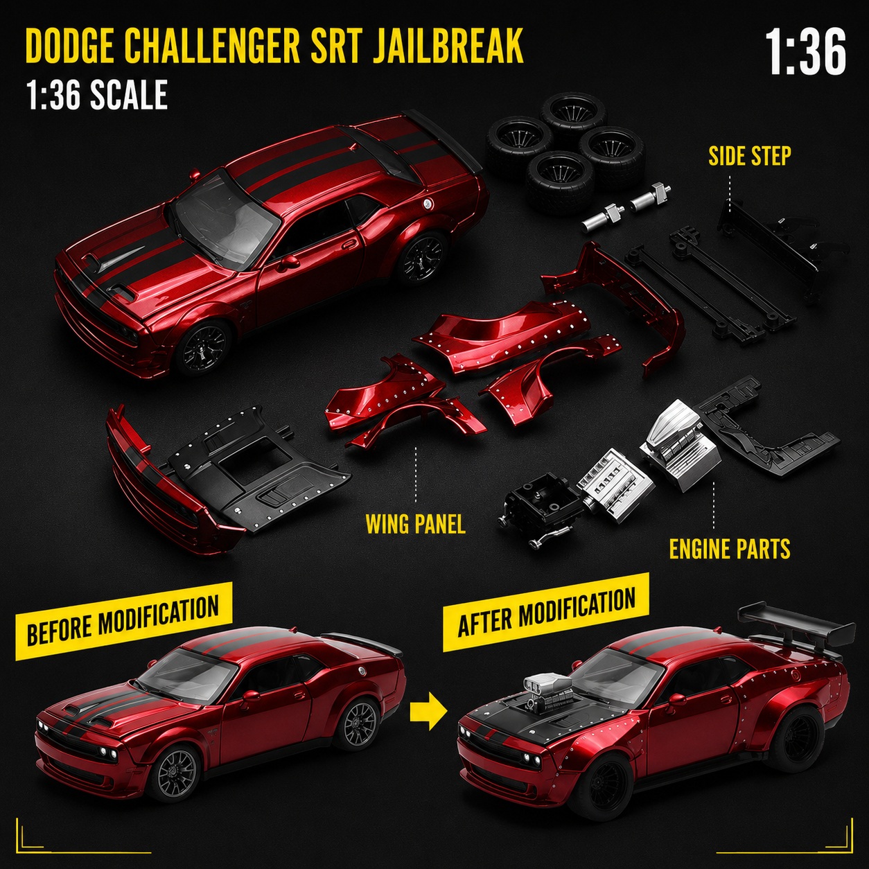 Dodge Challenger SRT Jailbreak red 1:36 modified diecast car with wide-body kit, engine parts and rear wing – CCA Dodge Challenger SRT Jailbreak red 1:36 modified diecast car with wide-body kit, engine parts and rear wing – CCA
