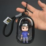 Sasuke Uchiha chibi mini figure inside transparent black display case with hanging clip and wrist strap