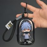 Kakashi Hatake chibi mini figure with silver hair, black mask and red Sharingan-style eye inside transparent black display case