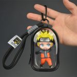 Naruto Uzumaki chibi mini figure with yellow hair and orange outfit inside transparent black display case with hanging clip