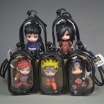Sasuke Uchiha chibi mini figure inside transparent black display case with hanging clip and wrist strap