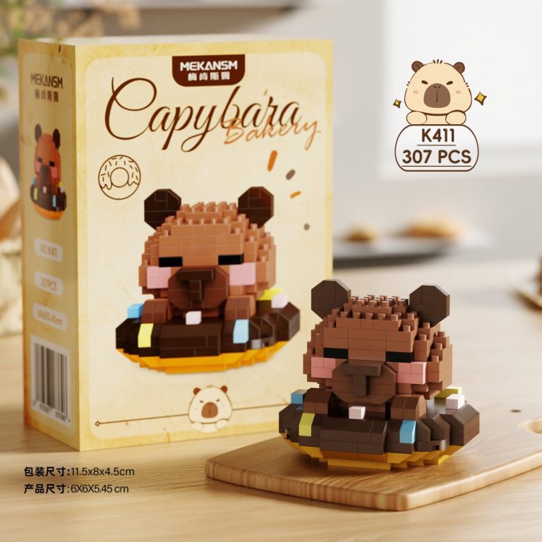 Capybara K411 Micro Building Blocks 307-piece brown capybara mini figure sitting in colourful donut float