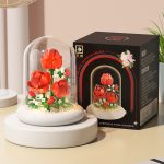 Red Rose Flower Shade Building Blocks M5003 with transparent dust cover and LED light-up white base