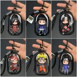 Sasuke Uchiha chibi mini figure inside transparent black display case with hanging clip and wrist strap