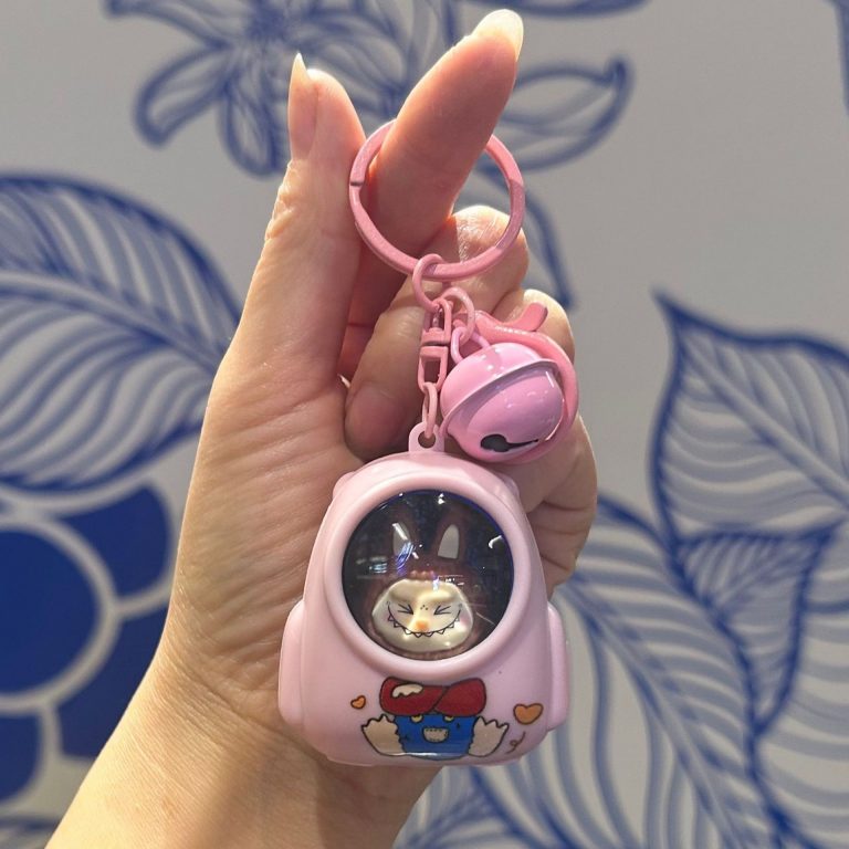 Pink Labubu Light Up Keychain with bell and transparent capsule